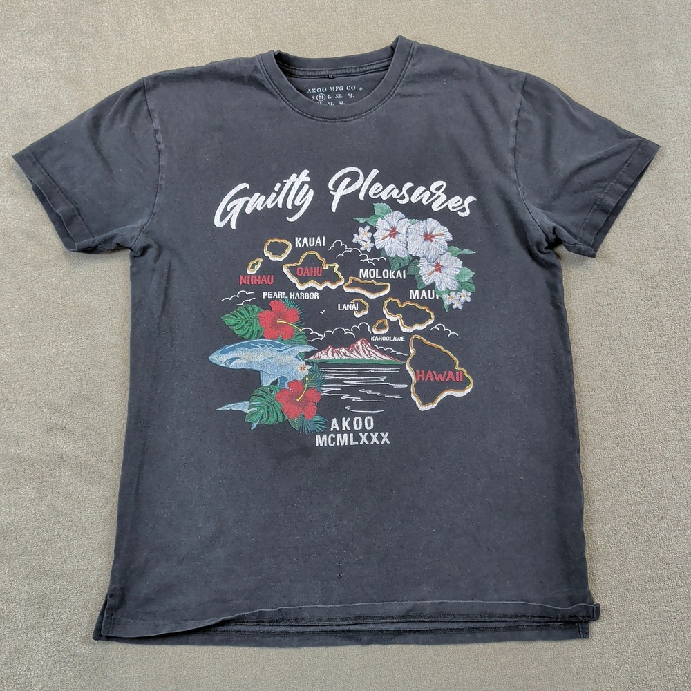 AKOO Guilty Pleasures Hawaii Map Graphic Tee Mens Medium Black Shark Hibiscus